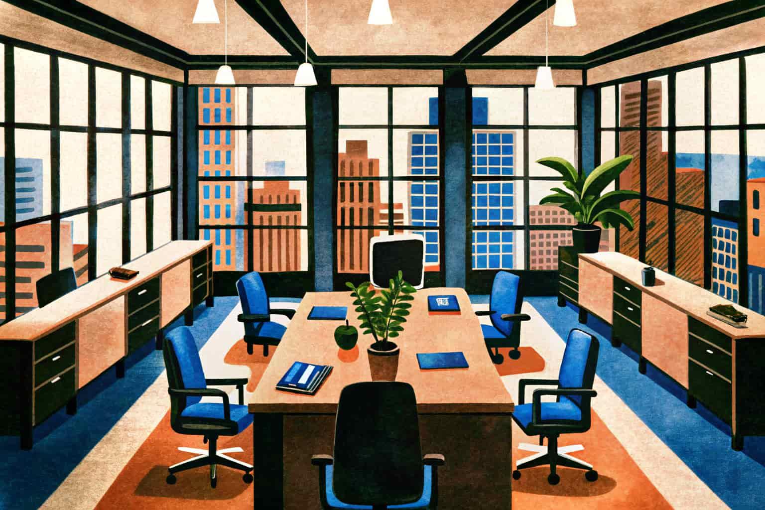 Illustration d\'un open space lumineux équipé de bureaux et de fauteuils bleus