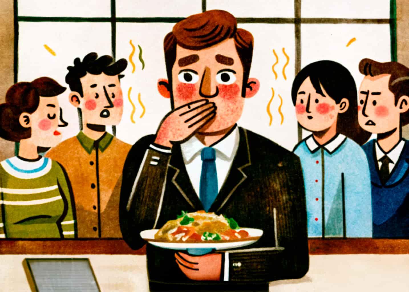 Illustration d\'un homme gêné mangeant un plat odorant entouré de collègues