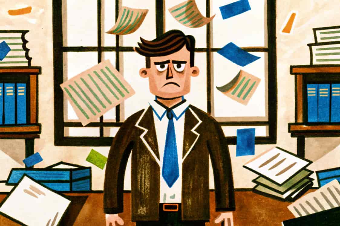 Illustration d\'un homme contrarié entouré de papiers volants dans un bureau en désordre