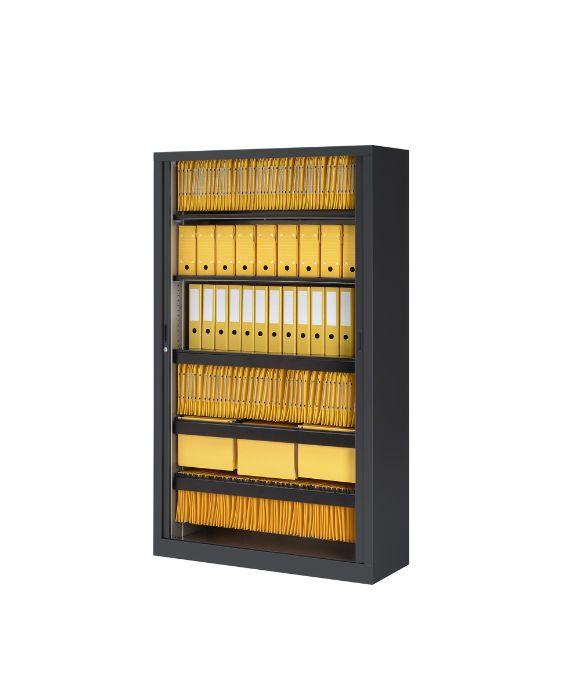 Armoire métallique noire à tablettes garnie de classeurs jaunes