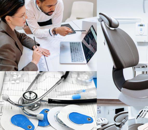 Montage d\'images médicales : équipe, fauteuil et instruments