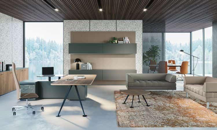 Bureau de direction bois et gris avec canapé et tapis, ambiance haut de gamme
