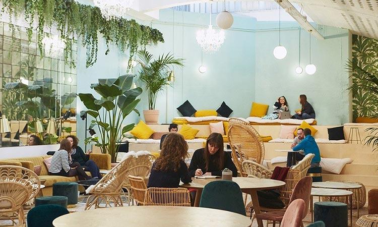 Espace de coworking végétalisé avec fauteuils en rotin et tables