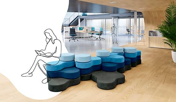 Illustration d\'une personne assise sur des poufs modulaires bleus