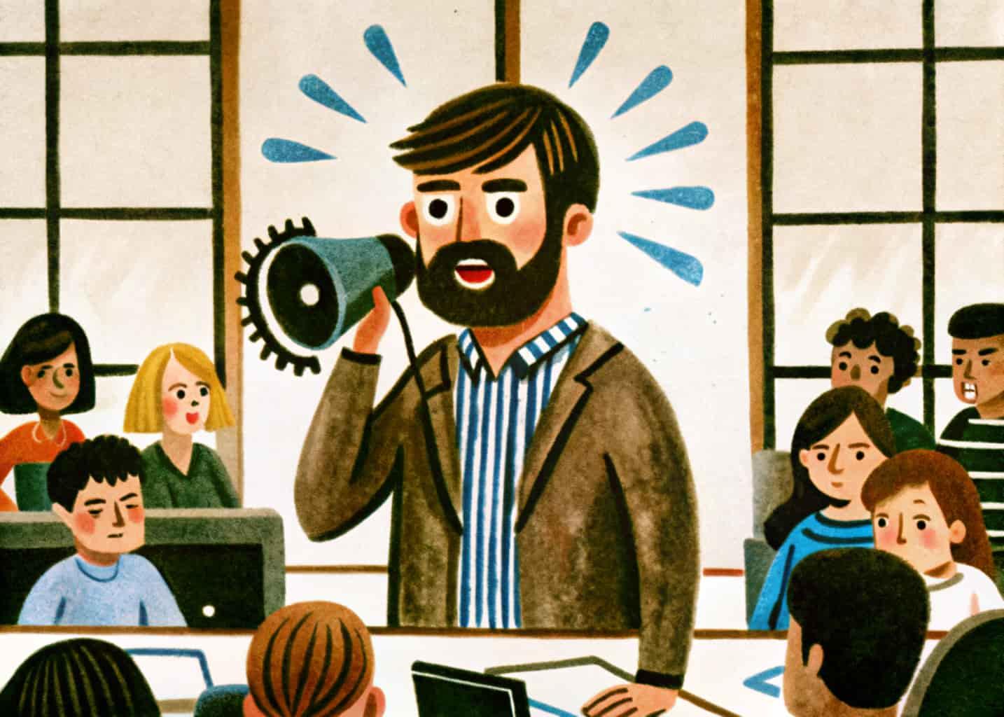 un homme parle très fort dans un open space, espace de coworking, il fait des brisances sonores