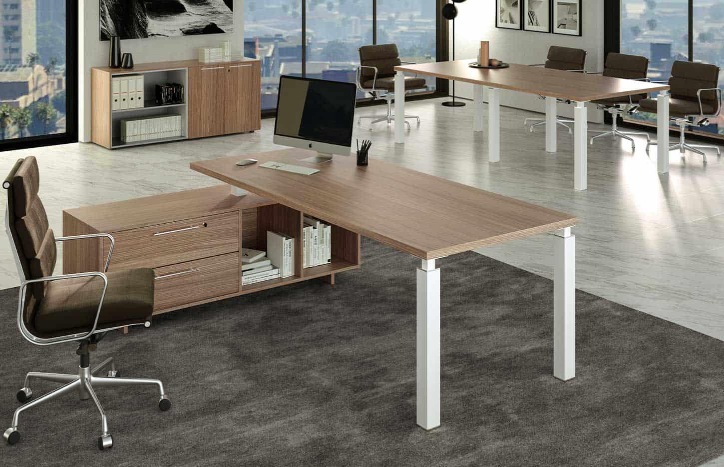 Bureau de direction appui meuble service 4 pieds métal avec plateau mélaminé merisier arabis - gamme navia - France Bureau