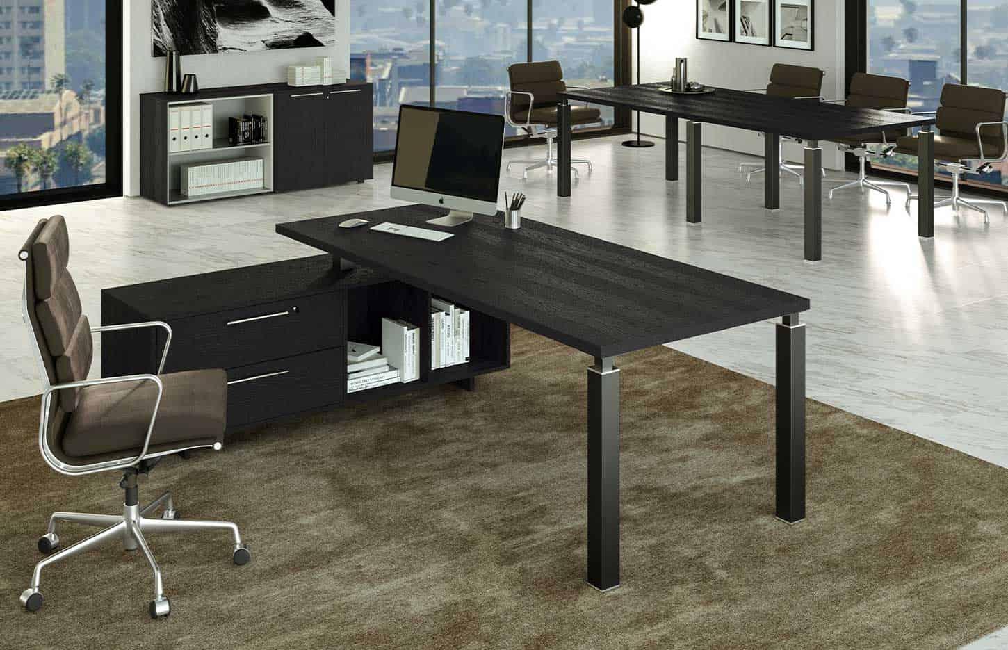 Bureau de direction appui meuble service 4 pieds métal noir plateau mélaminé frêne noir - gamme navia - France Bureau