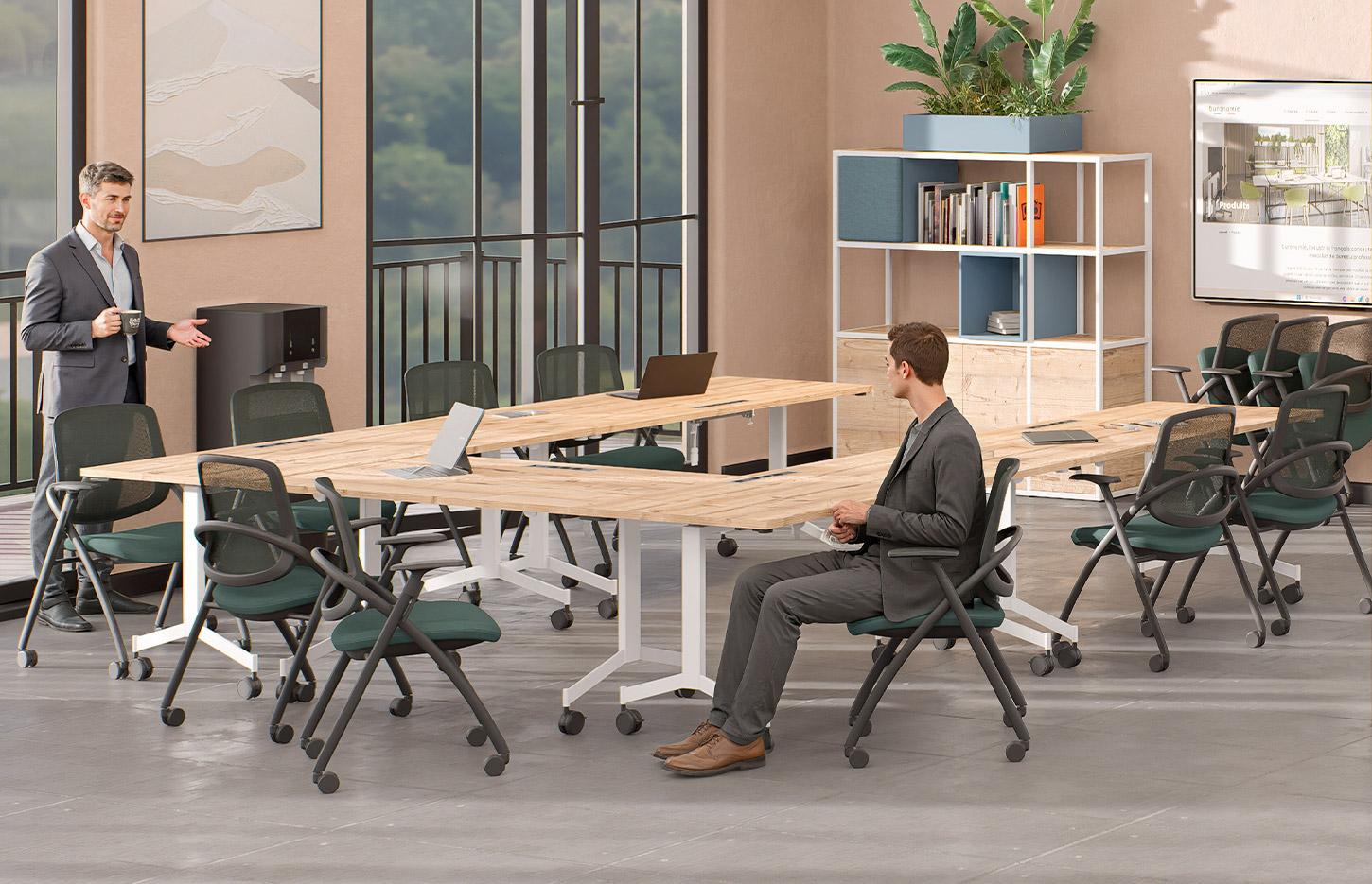 Chaise de réunion pliante sur roulettes avec dossier résille noir et assise rembourrée - Gamme Vernier - France Bureau