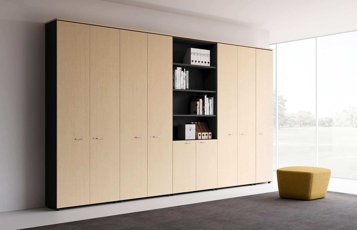Armoire de rangement à portes battantes chêne niagara, structure noire et poignée blanche, gamme XXL - France Bureau