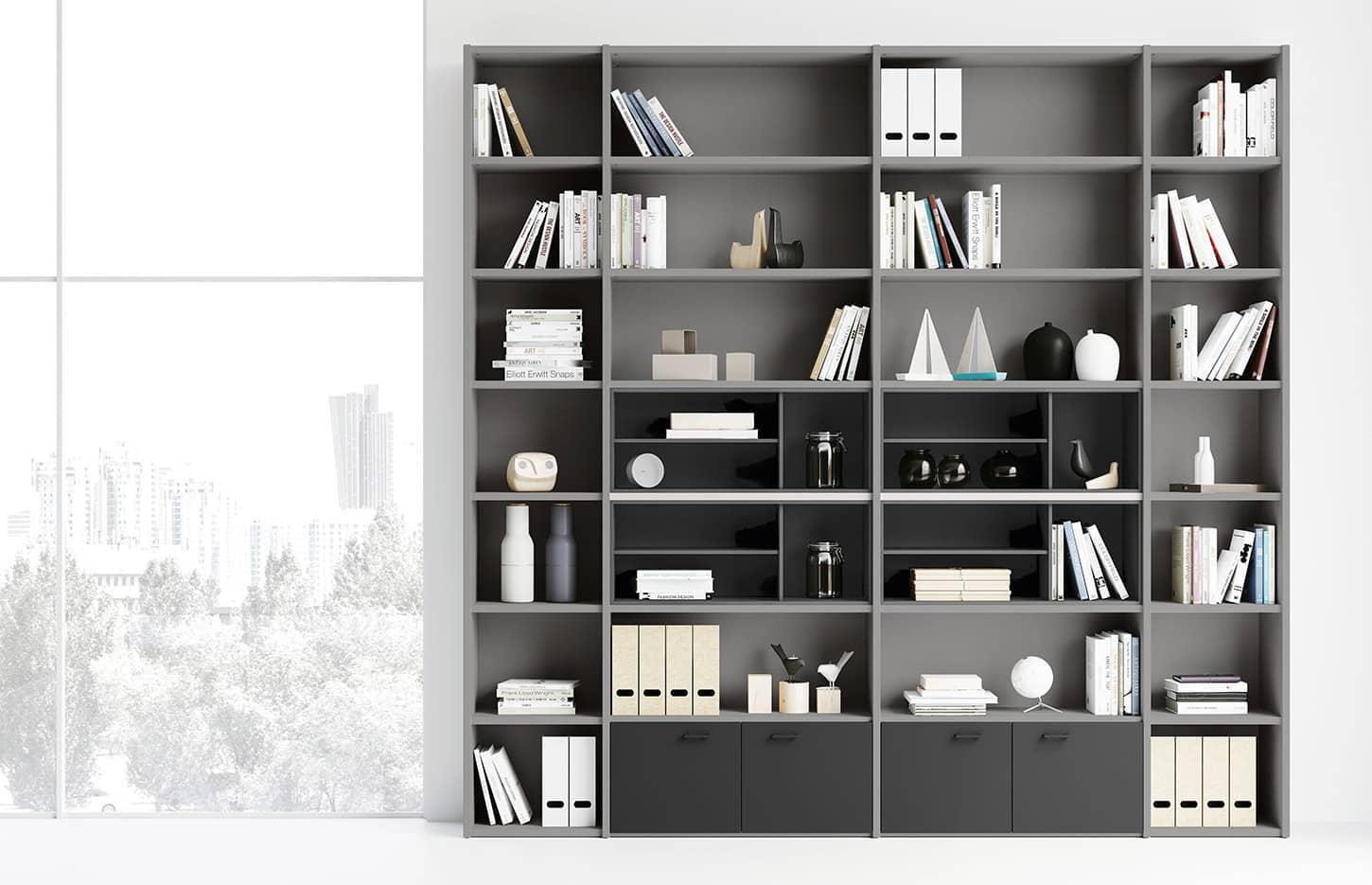 Armoire de rangement sans porte avec structure en mélaminé gris et tiroirs noirs , gamme XXL - France Bureau
