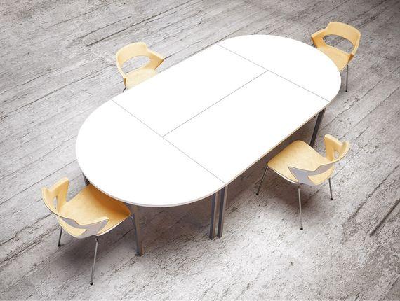 Table de réunion modulable ovale blanche avec chaises jaunes, vue de dessus
